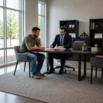 U.S. military veteran meeting with disability lawyer in modern office, reviewing VA appeal documents and discussing benefits claim with professional legal guidance