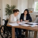 Disability benefits applicant signing paperwork with lawyer at home, reviewing medical records and legal documents for claim assistance
