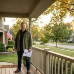 A male veteran standing confidently on a suburban front porch holding a document, representing a veteran fighting a proposed VA rating reduction proposal.