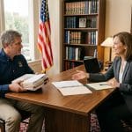 Veteran holding VA case files meets with a disability attorney in a law office, discussing service-connected condition ratings and pyramiding rules.