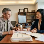 Veteran consulting with a VA disability attorney to appeal a missed diagnosis denial, reviewing medical documents in a law office.