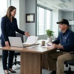 Attorney reviewing documents with a veteran wearing a cap in an office, representing PTSD and mental health SSDI claims help for veterans.