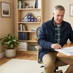 Veteran reviewing VA disability and SSDI benefits paperwork at a home office desk with a folded American flag